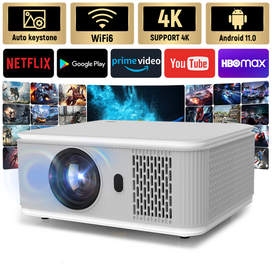 White video projector with front lens and vent grille, Android and 4K icon badges above.