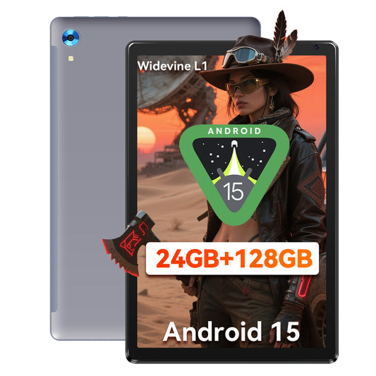 Gray 10.1-inch Android tablet with black bezel and front screen on display