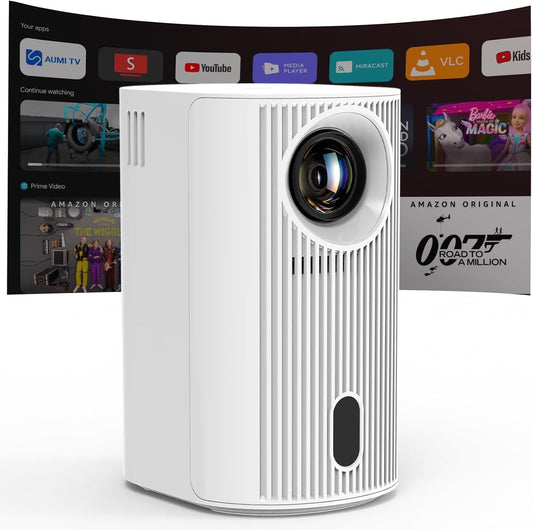 White portable projector with front lens and vertical vent grille
