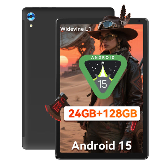 Black Android 15 tablet showing front display with rear back panel