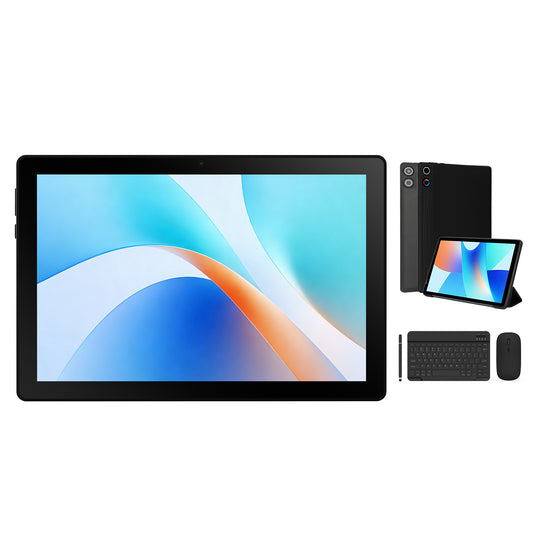 Black 10.1-inch Android tablet with keyboard, mouse, and folded kickstand