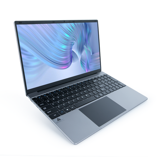 Silver laptop open at an angle, black keyboard and trackpad visible; colorful screen.