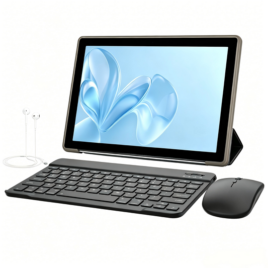 Android tablet with keyboard and wireless mouse on stand