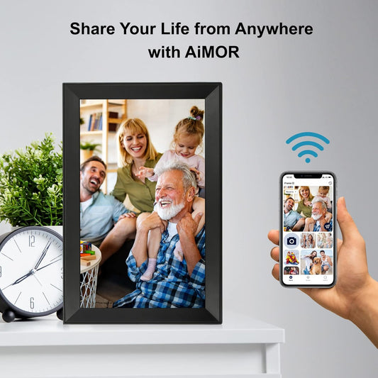 Digital picture frame with touch screen, black frame showing a family photo and Wi-Fi icon on phone