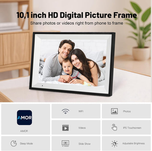 10.1-inch digital picture frame on desk showing family photo; black frame and stand.