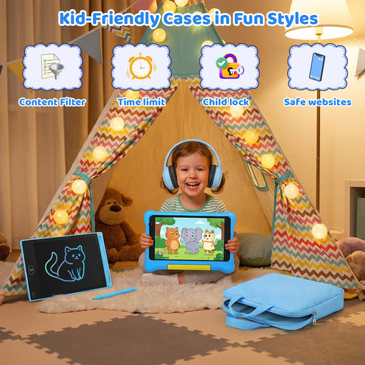 Blue kids tablet in a child’s hands with over-ear headphones