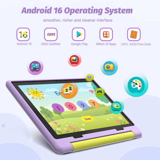 Purple kids tablet in yellow-and-lime case with colorful home-screen icons