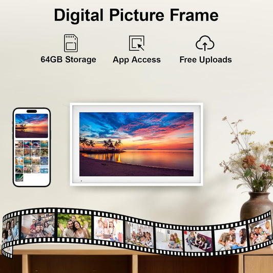 Digital picture frame display with landscape photo and app icons