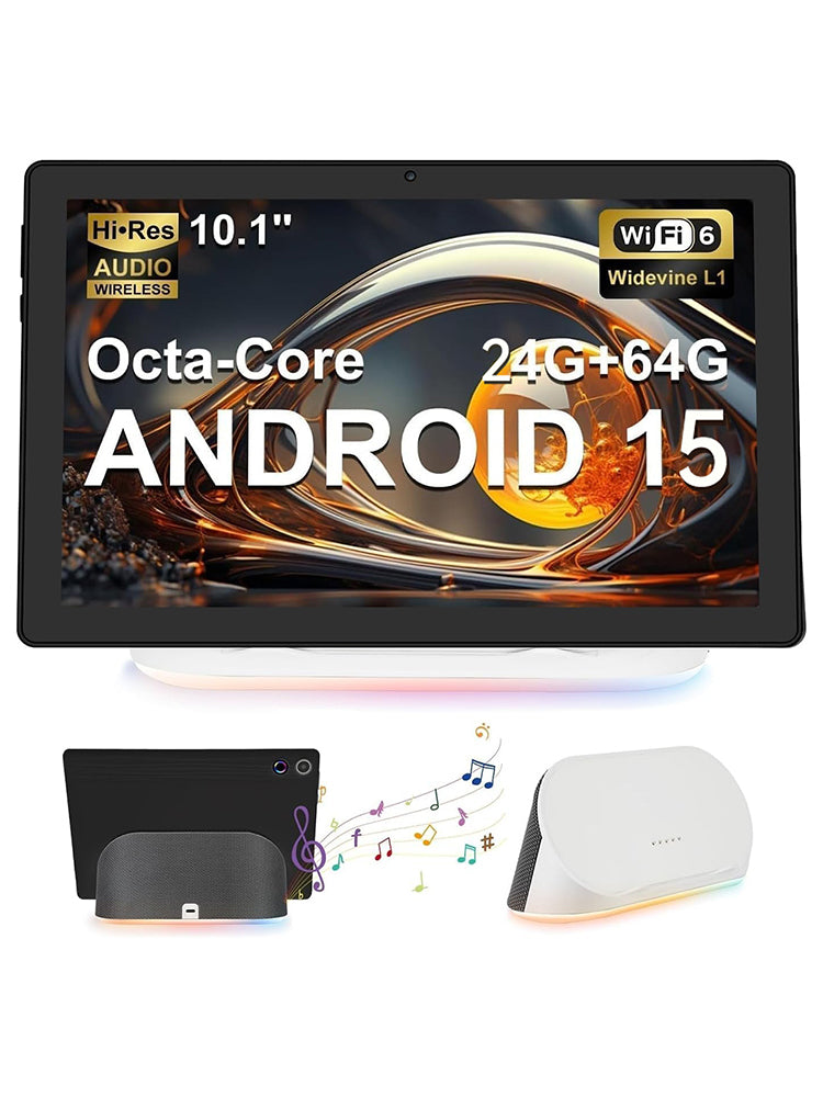Android 15 tablet with speaker dock and wireless charging base, front and angled views