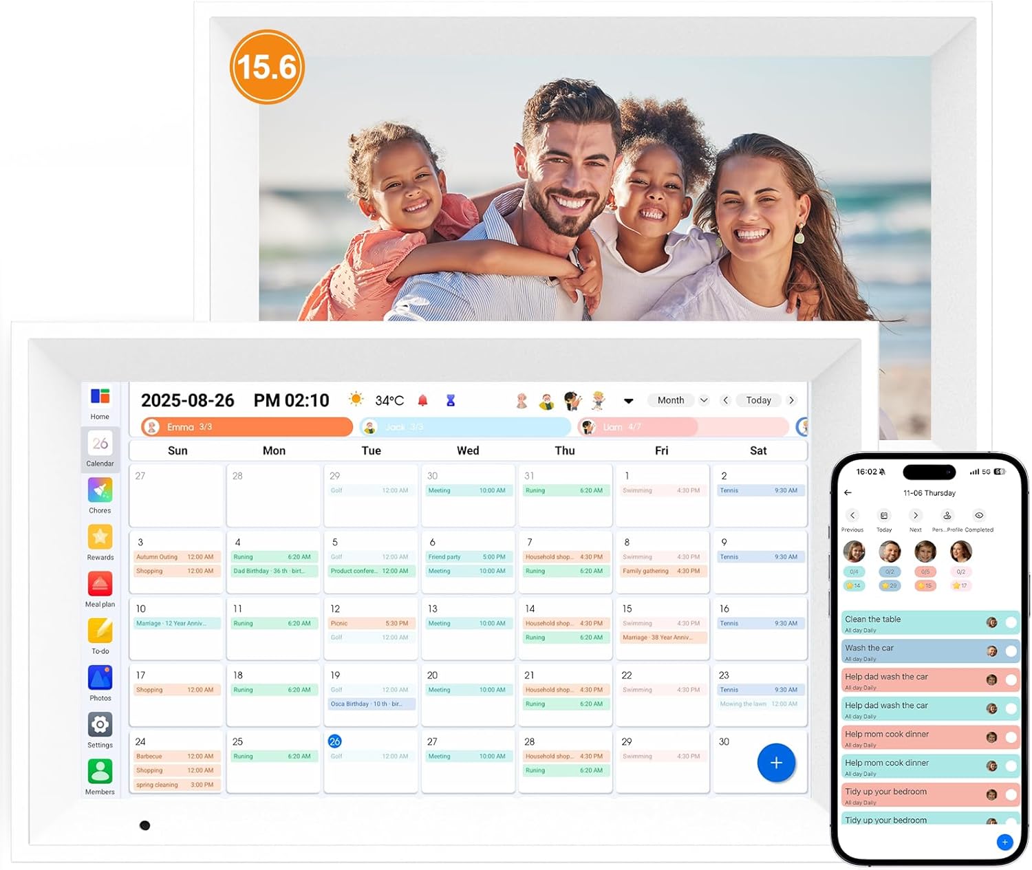 Electronic family schedule calendar with touchscreen, plus phone app screen
