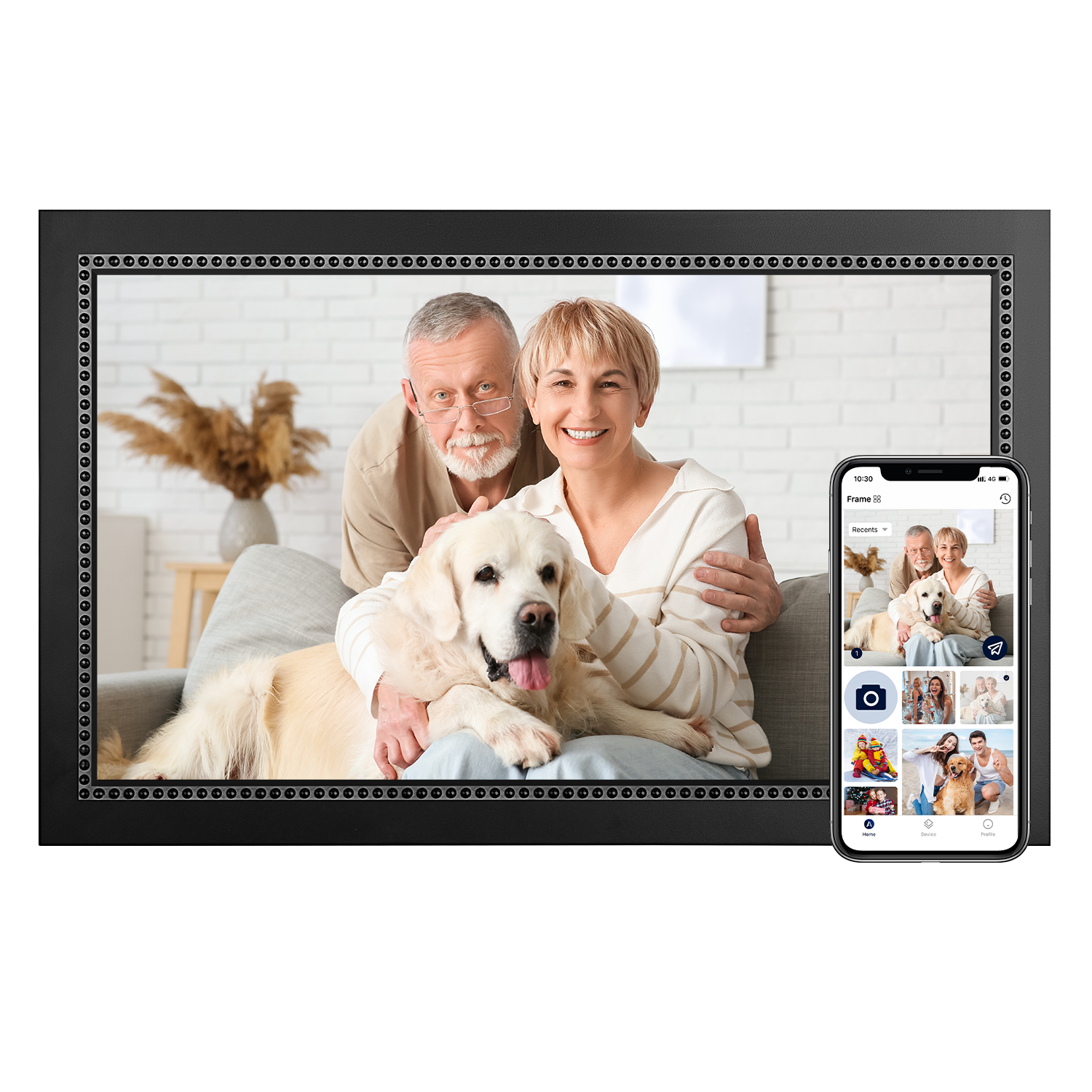 10.1-inch digital picture frame showing couple and dog photo; smartphone shown.
