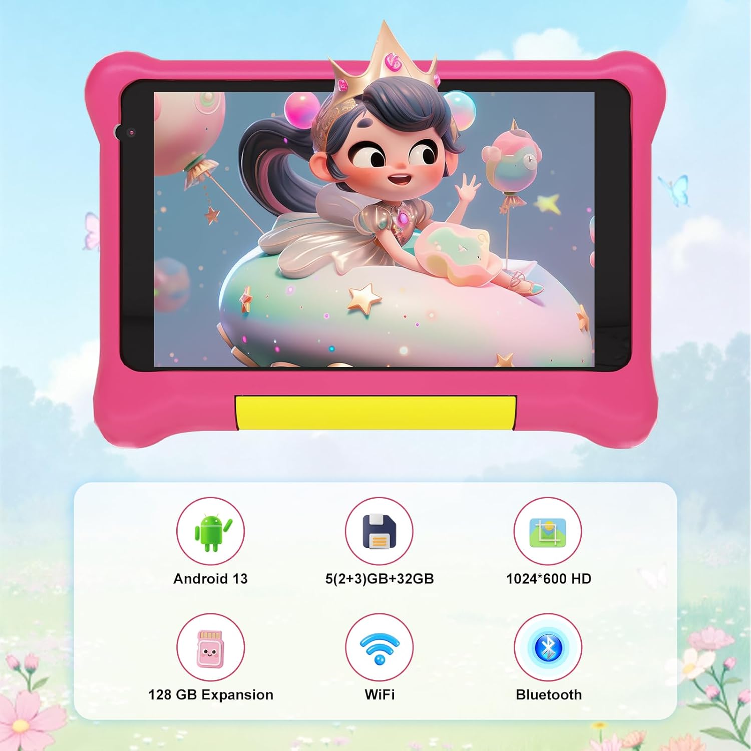 Pink kids learning tablet with colorful face game on a protective case, front view