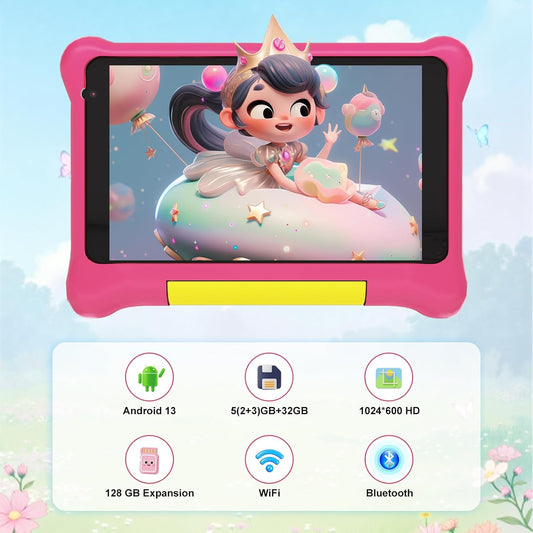 Pink kids learning tablet with colorful face game on a protective case, front view