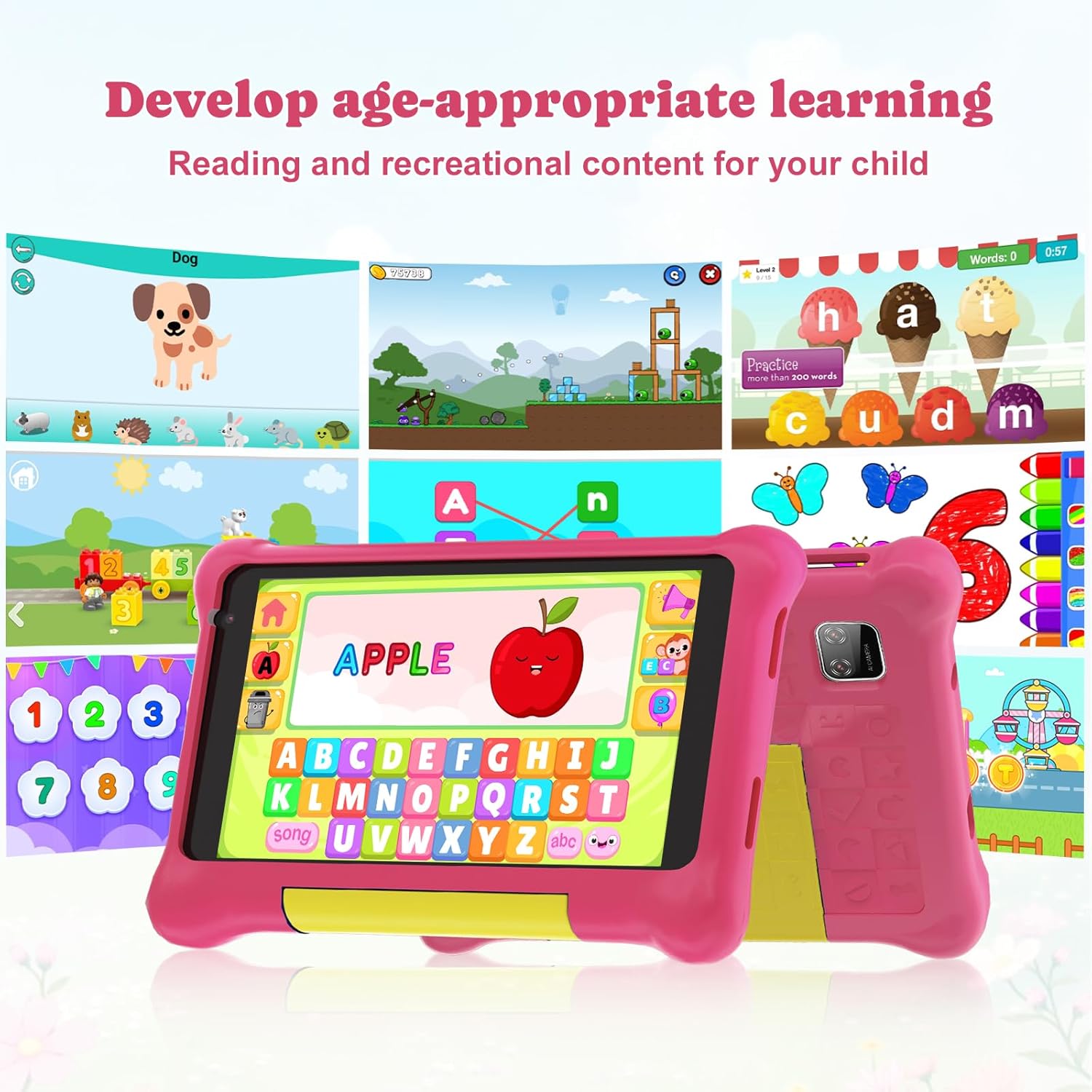 Pink shockproof kids tablet case showing Apple app and ABC keyboard on screen