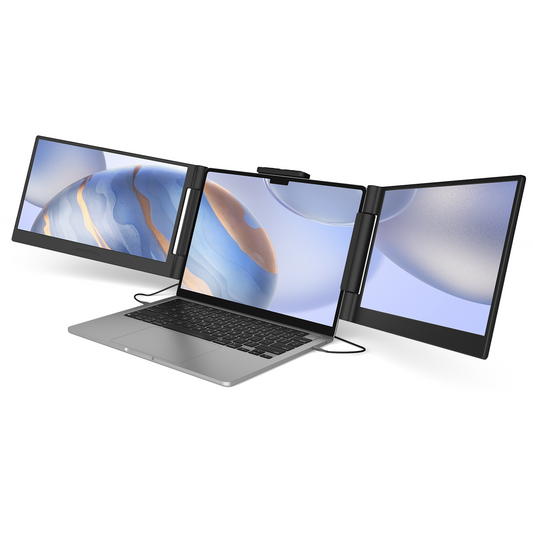 Triple portable monitor extender with three 14-inch screens in landscape layout