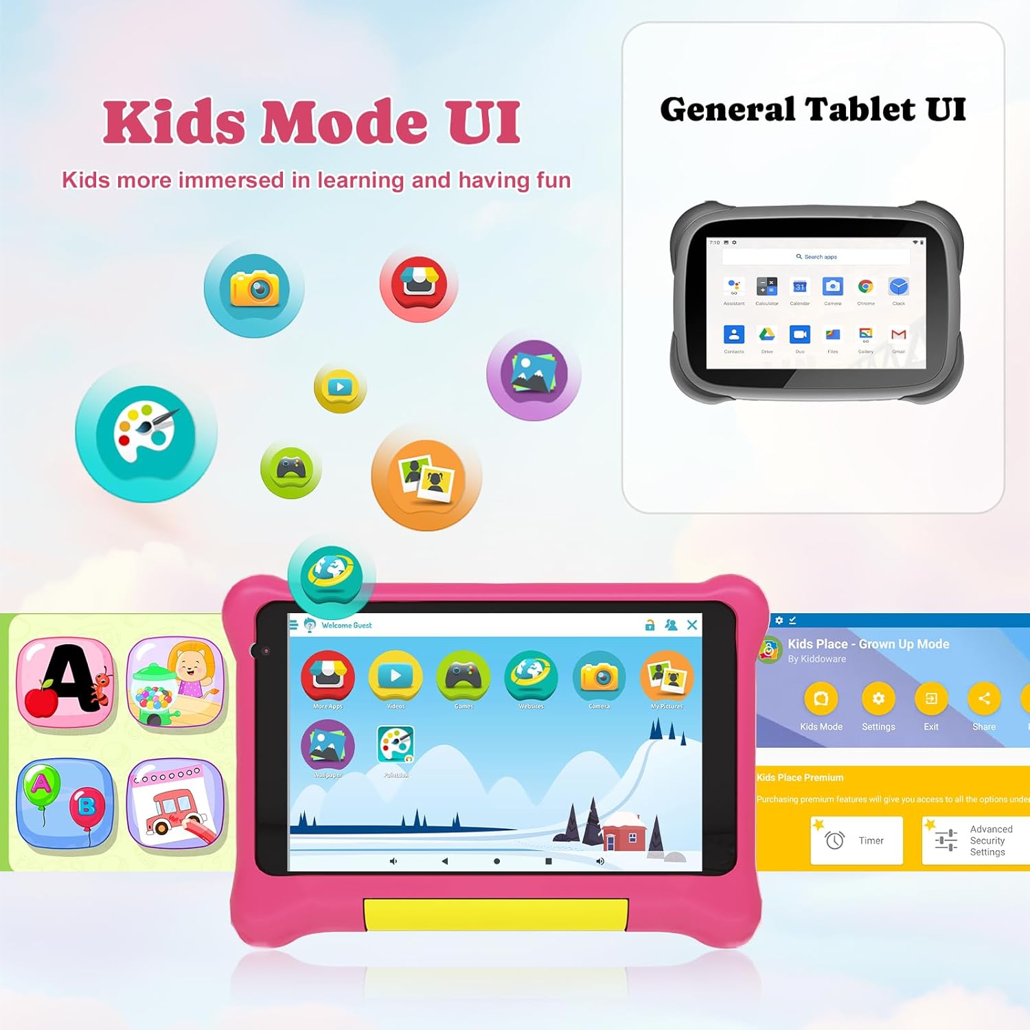 Pink kids tablet in case with Kids Mode icons and general tablet UI on display