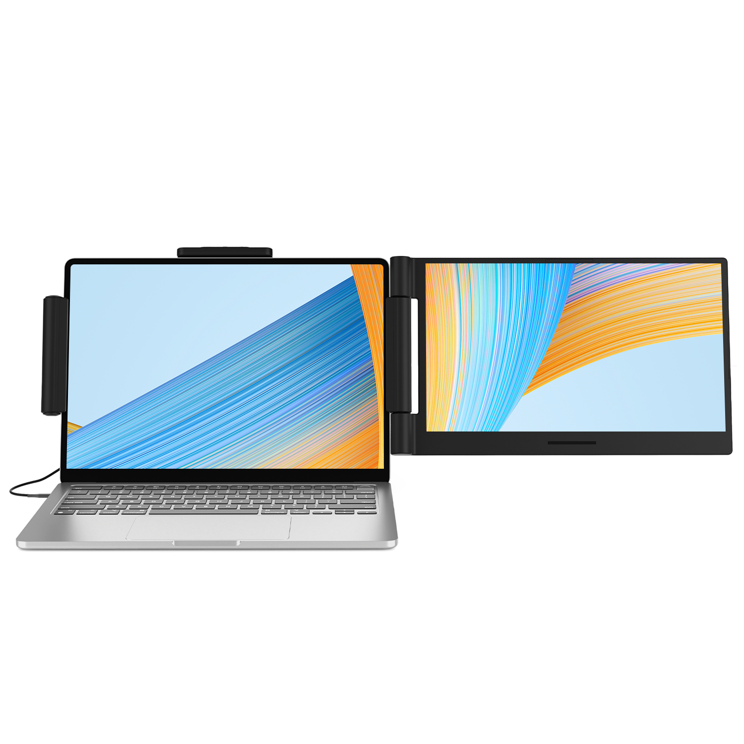 Triple portable monitor extender attached to laptop with outward-tilted screens