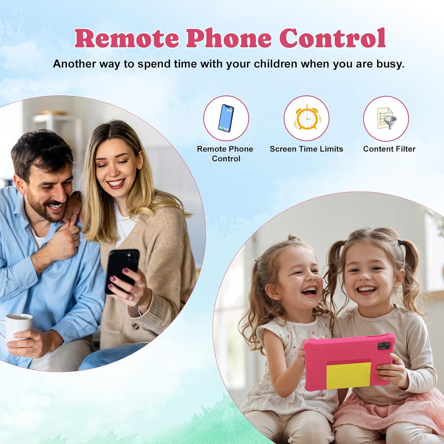 Pink kids tablet with parent control features shown, child using tablet on couch