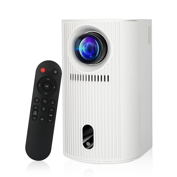 White portable projector with blue lens and matching remote control