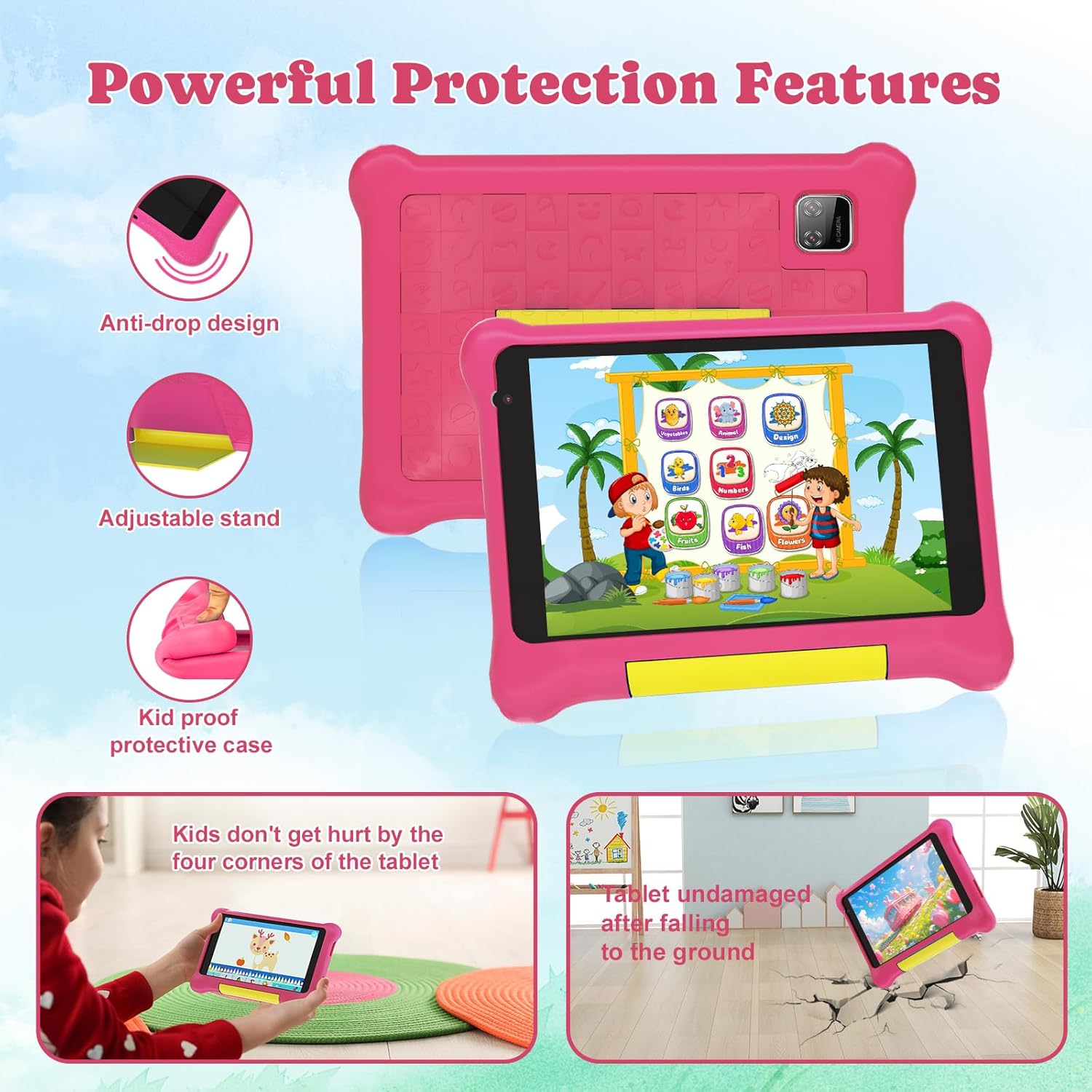 Pink protective kids tablet case with adjustable stand and drop-proof design shown