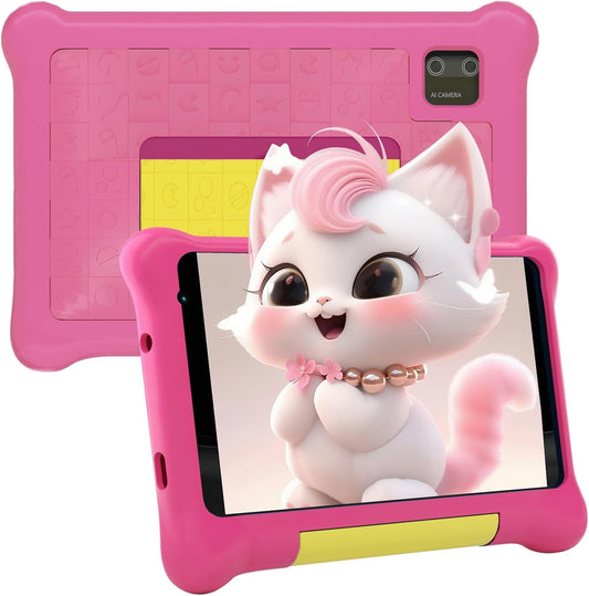 Pink kids tablet back with built-in camera area and cute cat sticker on screen