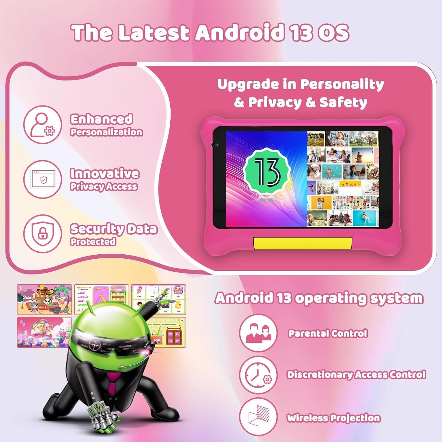 Pink kids tablet in case displaying Android 13 home and camera image collage