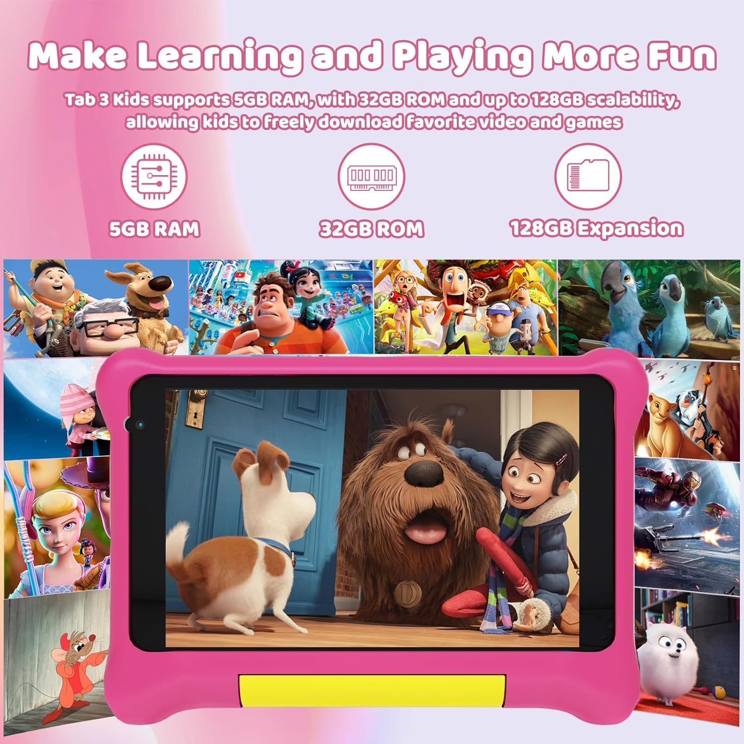 Pink kids learning tablet with video playing and movie characters on screen