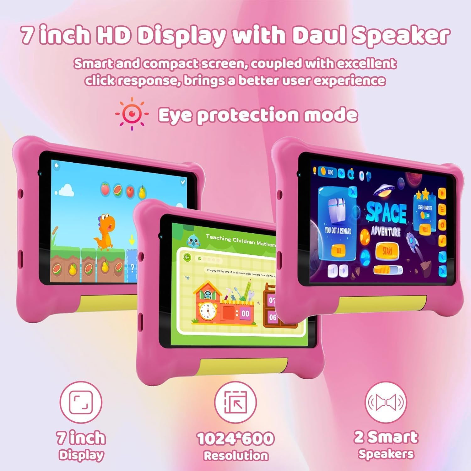 Pink kids tablet showing space game on screen with dual speakers and 7-inch display