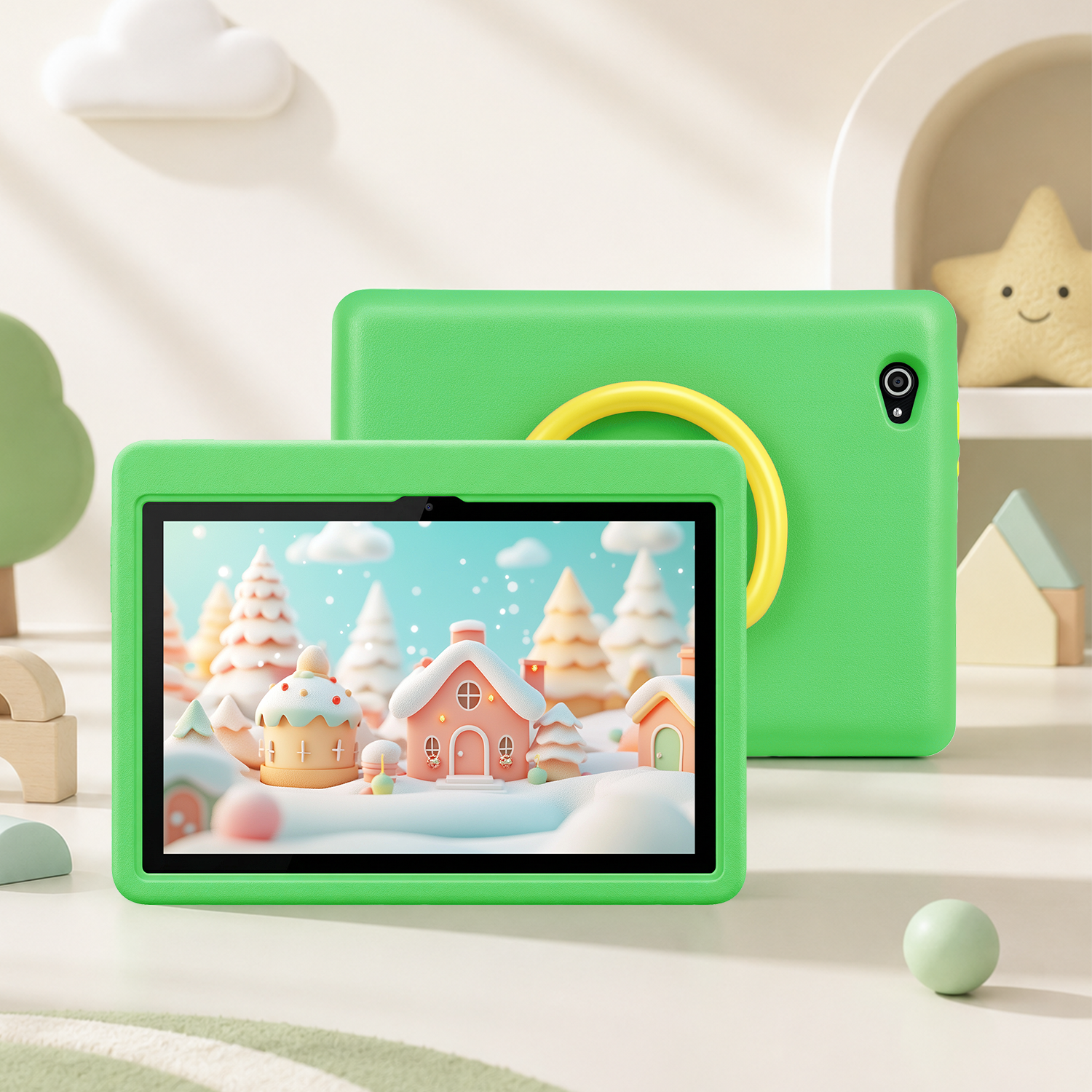 10-inch kids tablet, green front with screen and yellow handle
