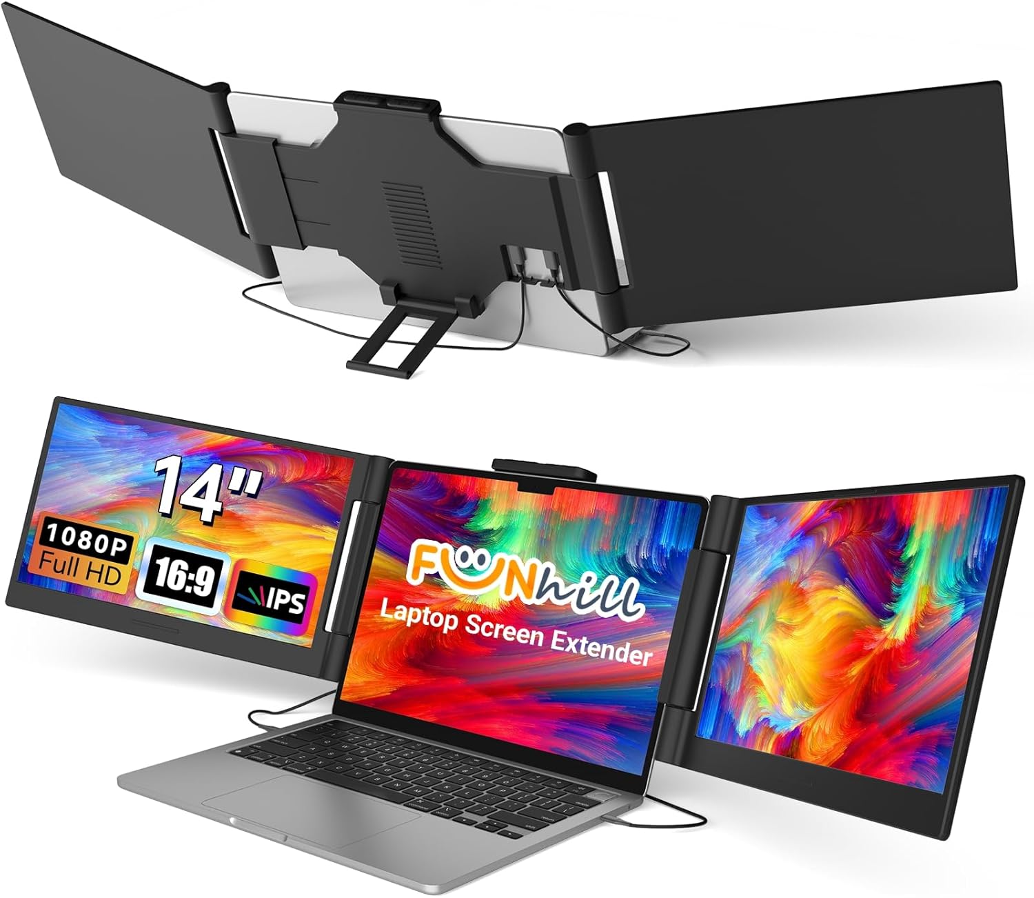 Triple portable monitor extender with three 14-inch displays on a laptop