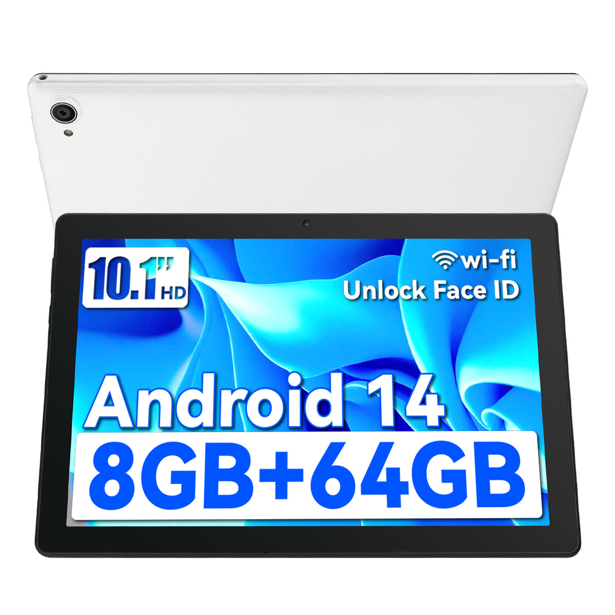 White Android tablet with black bezel; front screen and rear camera visible.