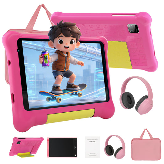 Pink kids Android tablet bundle with rugged case, tablet screen, headphones, and travel bag