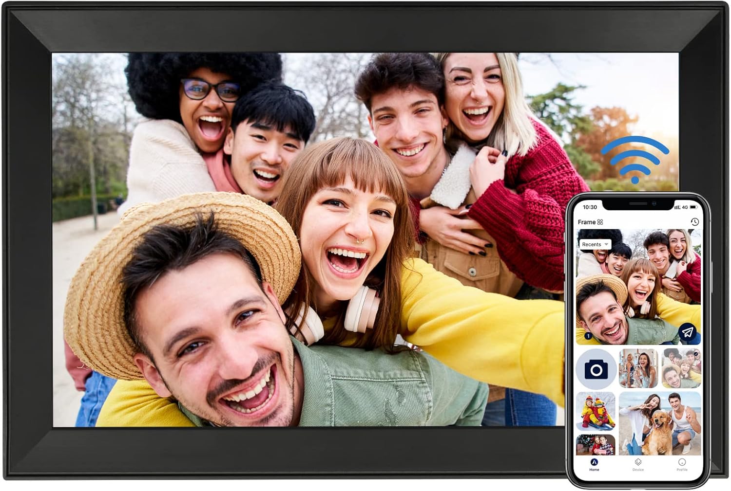 Digital picture frame with touch screen, black frame showing a group photo and mobile app screen