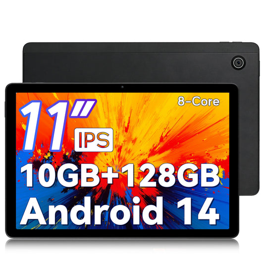 Black 11-inch Android tablet front with colorful display and rear camera panel