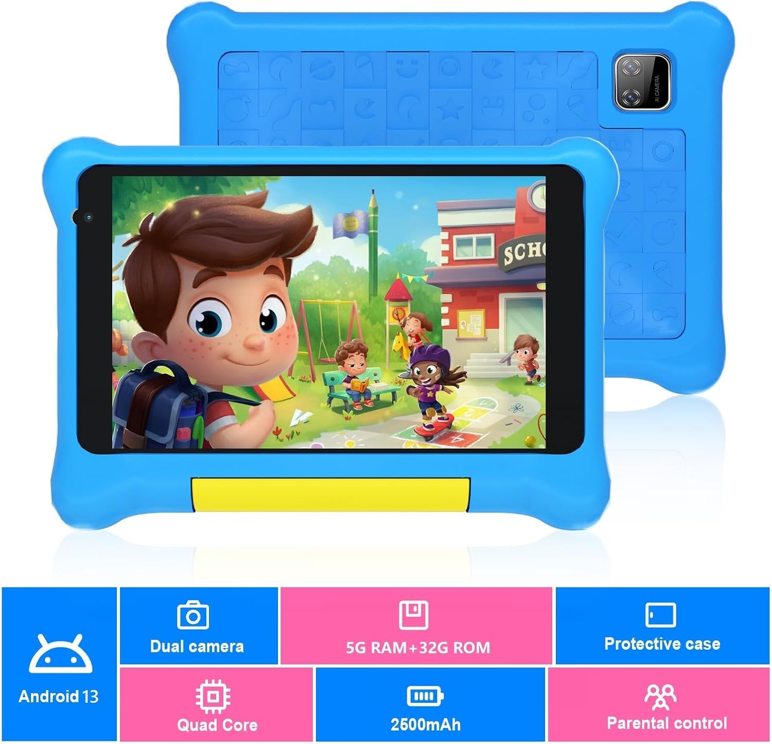 Blue 7-inch kids learning tablet in shockproof case, front view with cartoon screen