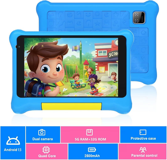 Blue 7-inch kids learning tablet in shockproof case, front view with cartoon screen