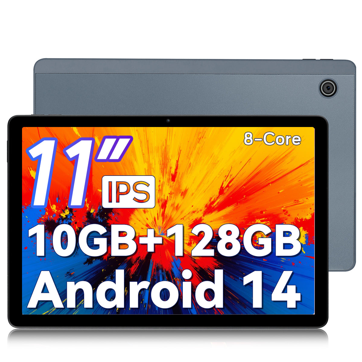 Black 11-inch Android tablet front screen and rear back panel, angled view