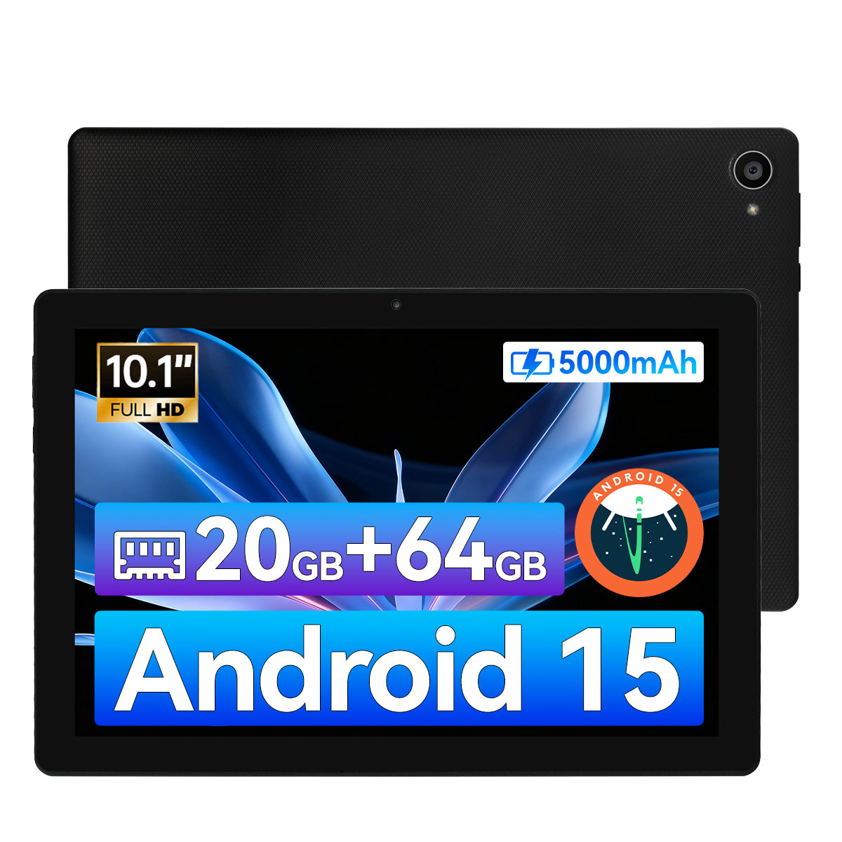 Black 10.1-inch Android tablet showing front screen and rear camera on back.