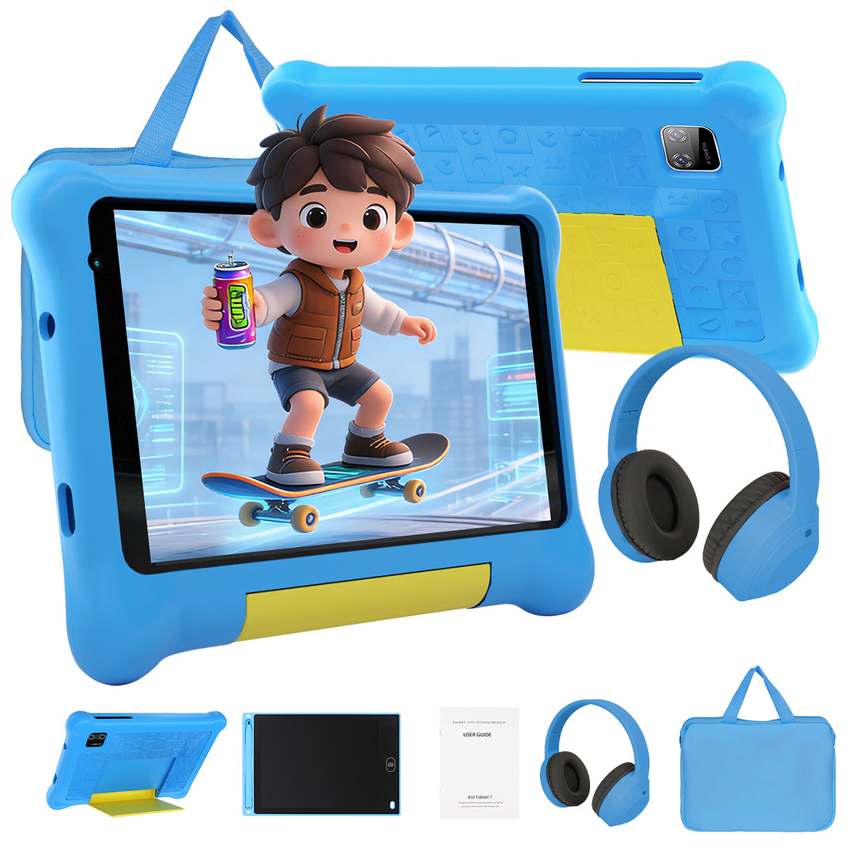 Blue kids tablet with protective case and screen showing a cartoon skateboard child