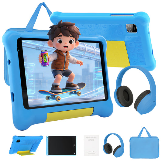 Blue kids tablet with protective case and screen showing a cartoon skateboard child