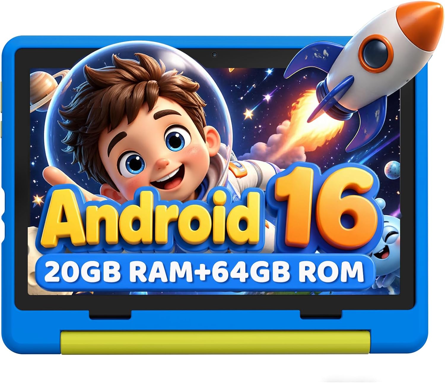 10-inch kids tablet in blue with rocket-themed home screen