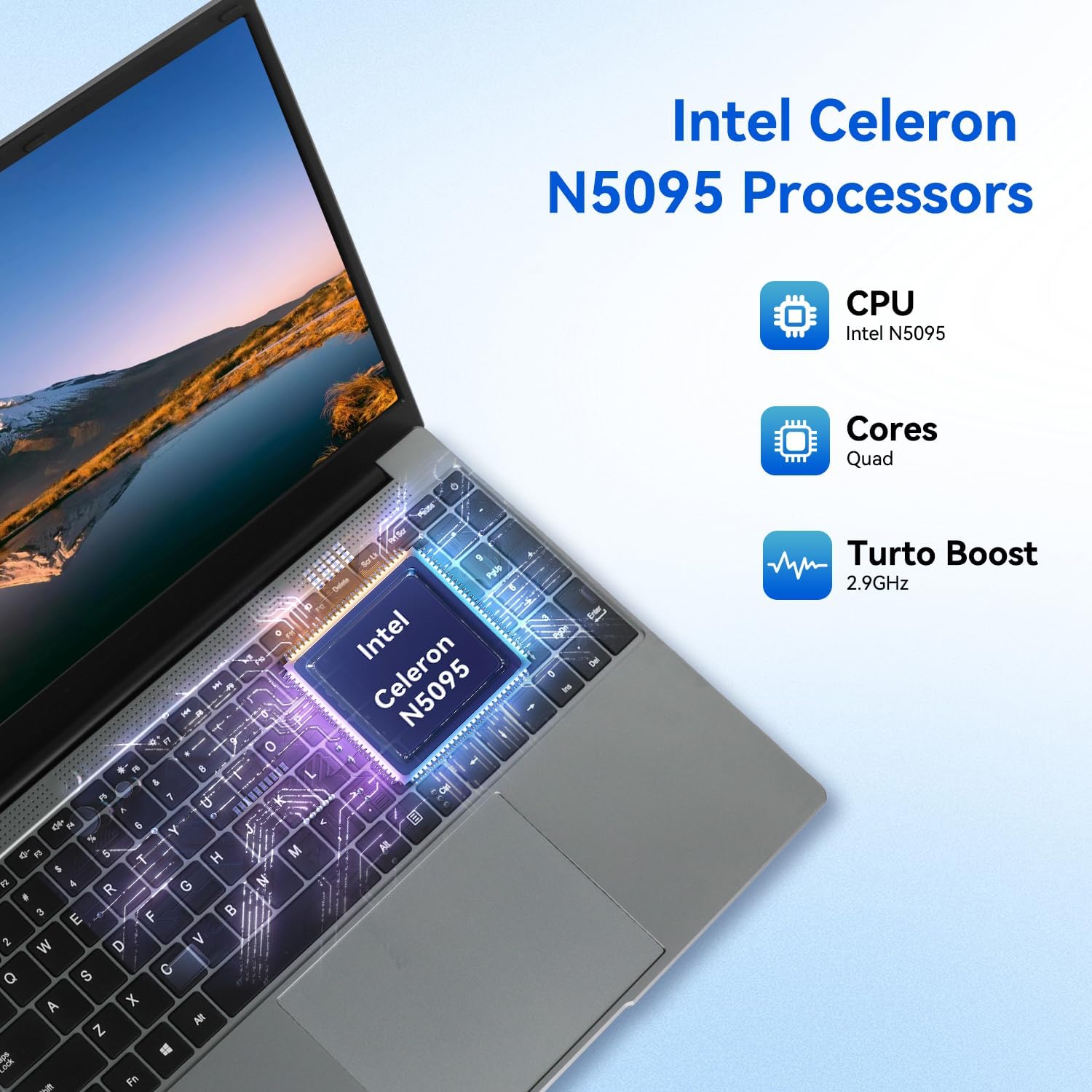 Silver laptop angled view with black keyboard; screen shows blue Celeron N5095 text.