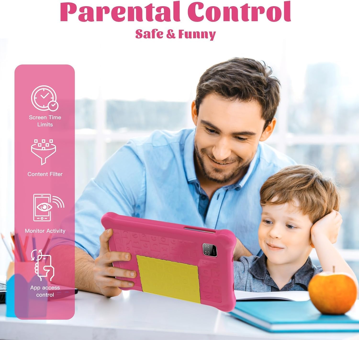 Pink parental control kids tablet with father and child holding tablet together