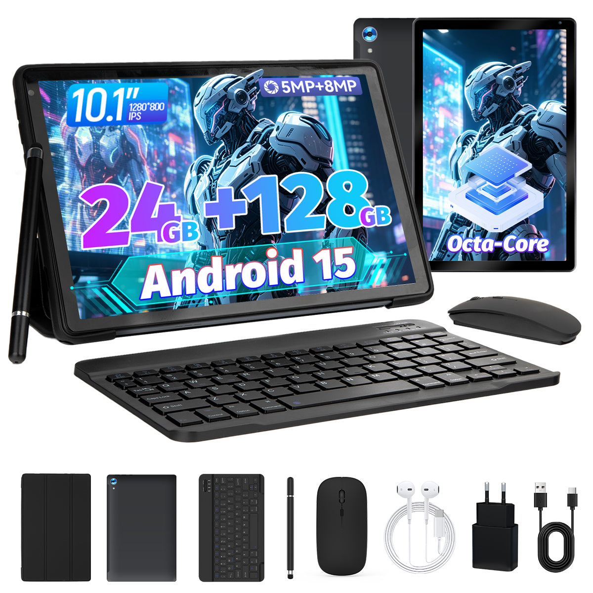 Tablet bundle with 10-inch tablet, keyboard, mouse, stylus, case, and USB cables