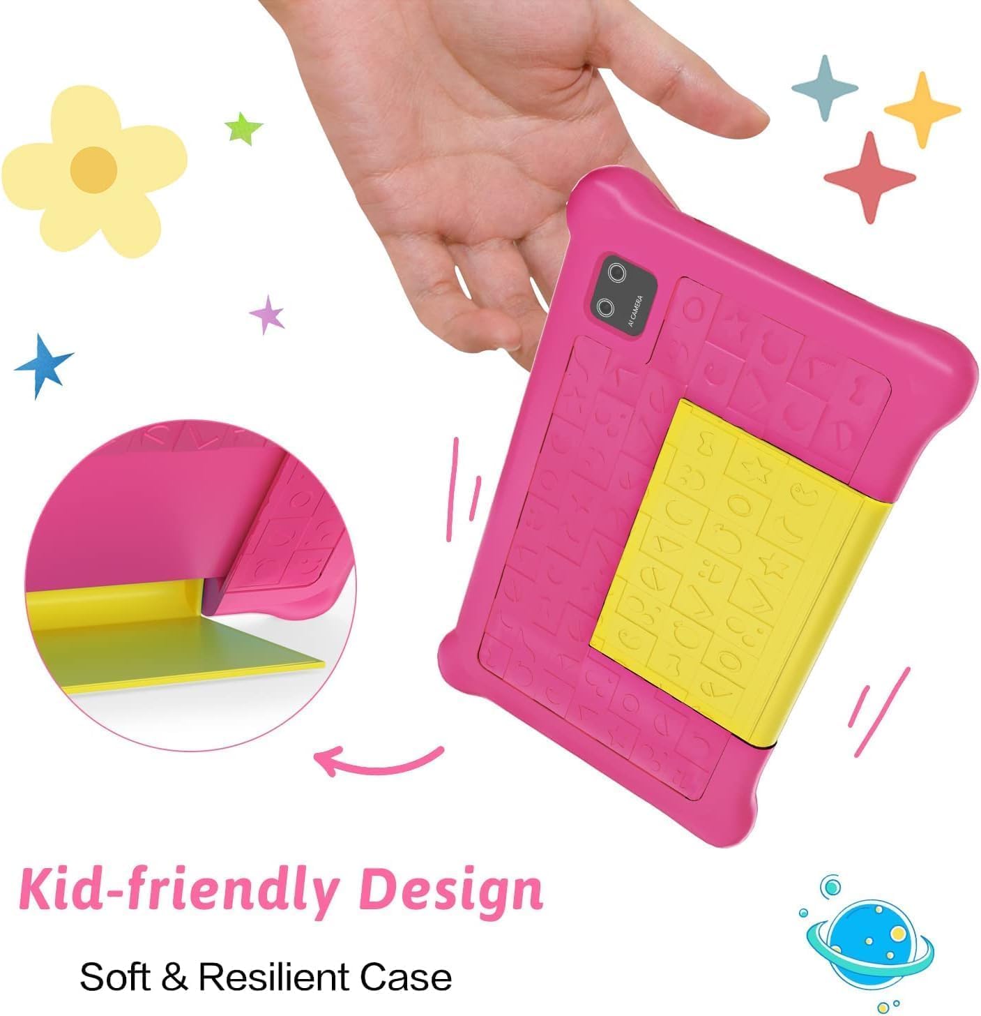 Pink shockproof kids tablet case with yellow panel, held in a hand, camera visible