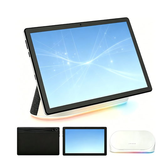Android tablet on speaker dock with charging puck and extra accessories