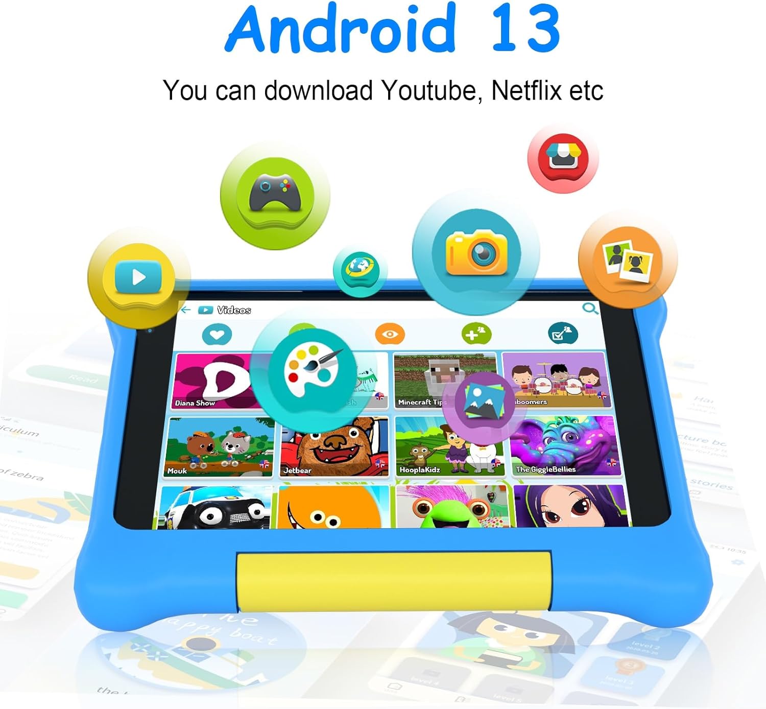 Blue kids tablet showing app icons on screen in a yellow-edged protective case
