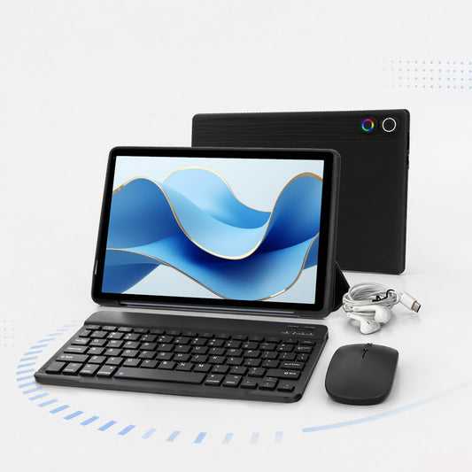 Black tablet in keyboard dock with mouse and rear cover