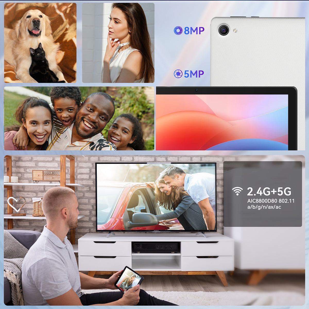 Tablet with rear camera visible and screen mockup on a lifestyle photo collage.