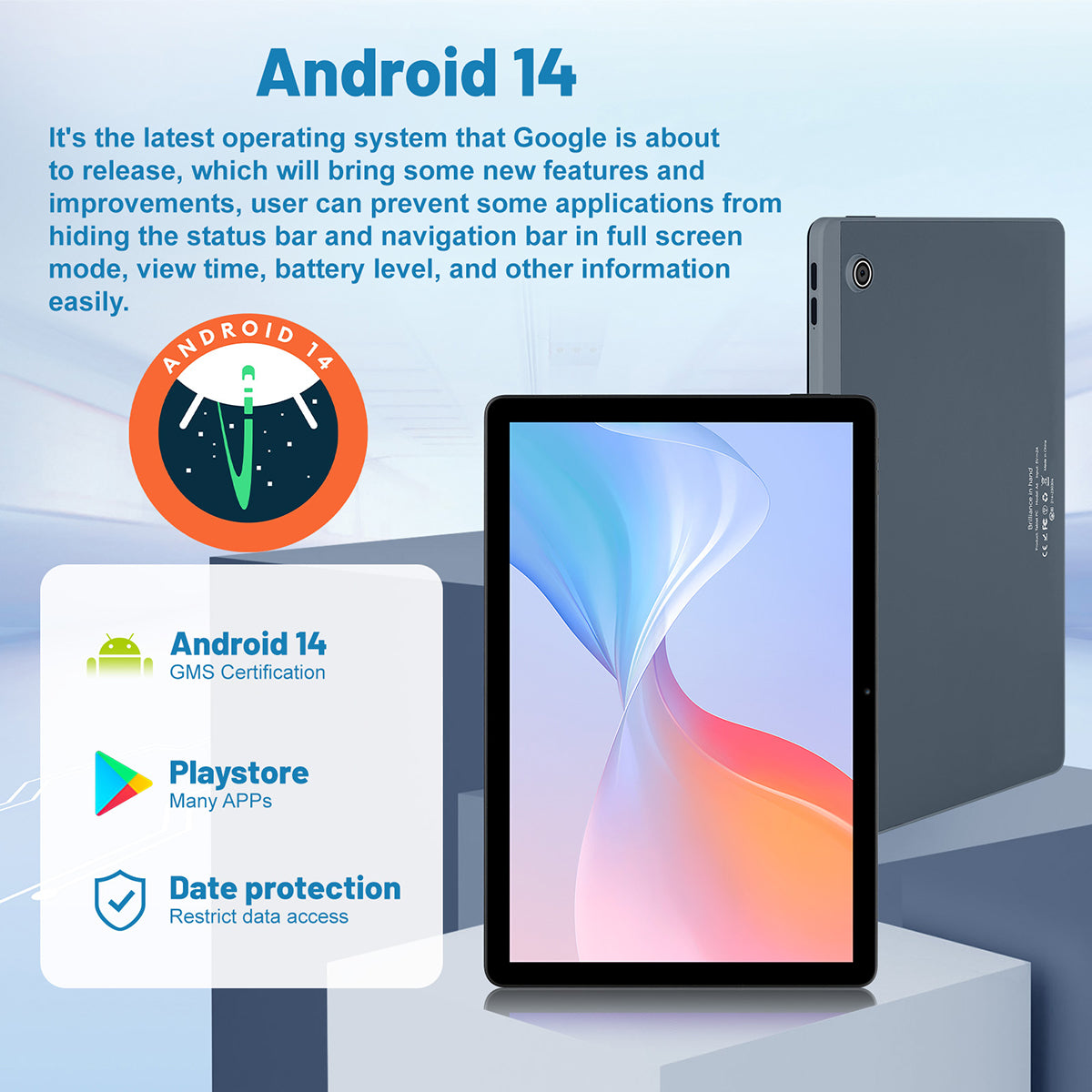 Black Android tablet front screen with abstract wallpaper and rear camera panel